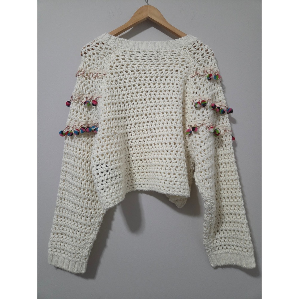 Zara Knit Cream Crochet Pom Pom Fringe Sweater Boho Open Weave Pullover Small - Picture 5 of 5
